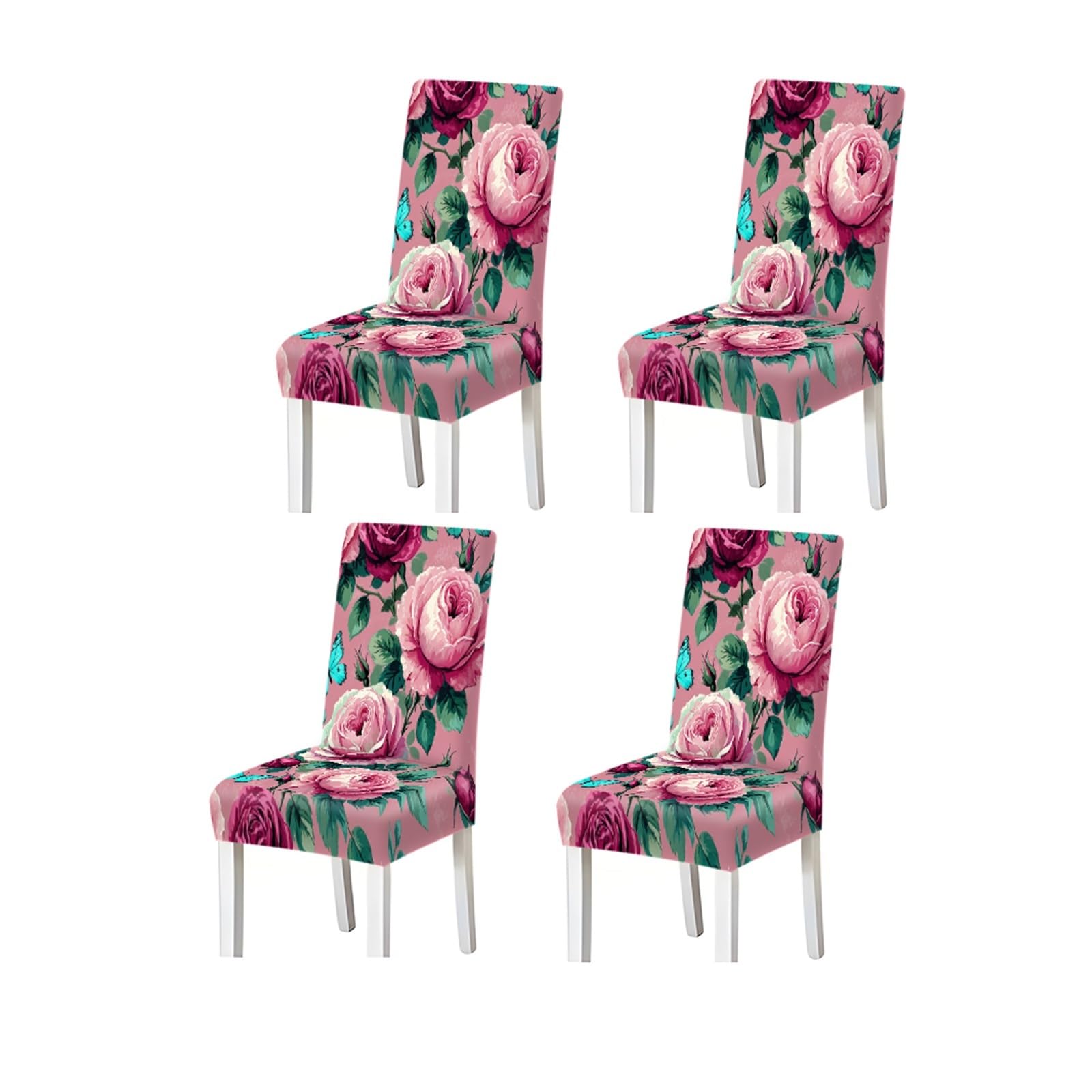 BOSUYBN Pink Rose Butterfly Floral Pattern Print Dining Chair Covers Set Of 2/4/6, Stretch Slipcovers For Kitchen Dining Room Furniture Protectors for Home Dining Room(4PCSChair cover)
