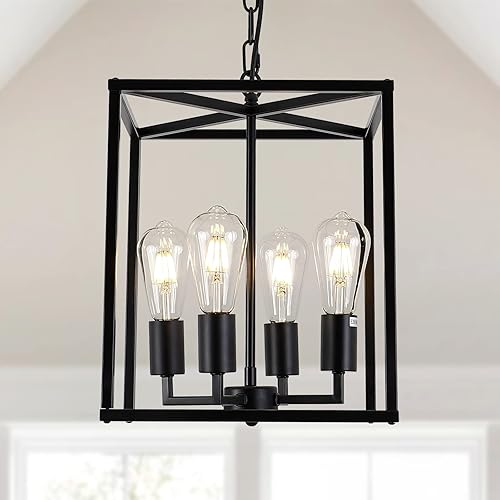 GZDEZCL Lámpara de araña de granja negra de 4 luces, lámpara colgante de linterna rústica, luces colgantes industriales para cocina, isla,