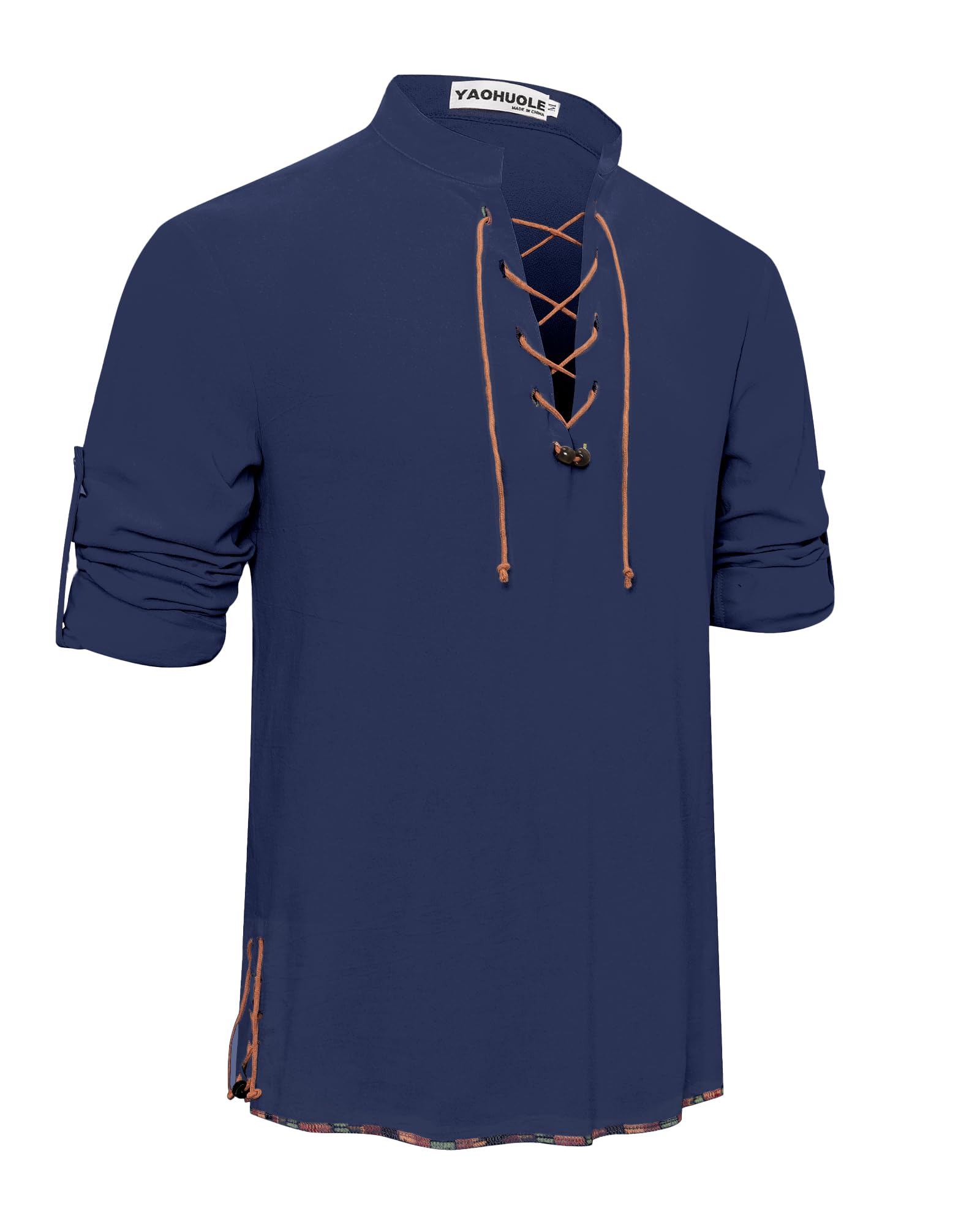 YAOHUOLE Men's Pirate Shirt Viking Steampunk Retro Linen Shirts for Men Medieval Gothic Victorian Classic Halloween Coseplay Costume Navy Blue 3XL