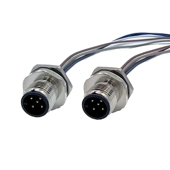 M12 5 Pin A-Coded Connector Cable, 16mm Male Panel Mount Extension Cable, Flange Socket with Gold-Plated Contacts, 0.5m Industrial Sensor Connector forAutomation and Signal Transmission 2pcs
