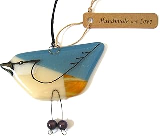 Fused glass British garden bird, Nuthatch has blue grey wings, cream body and hangs from a neat cord New home nature gift