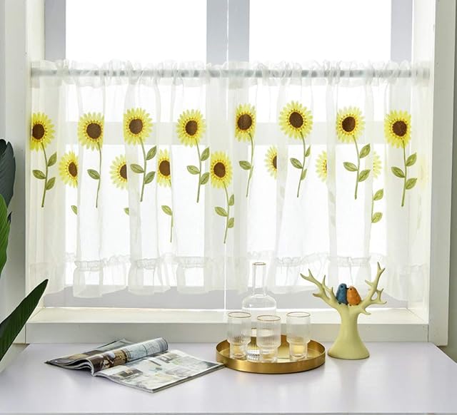 Aspthoyu Sunflower Net Half Curtain Kitchen Lace Tier Curtain, Rod Pocket Bistro Curtain for Kitchen Bathroom Window Curtain, Window Valance Curtain with Embroidered, W 150 x L 60 cm