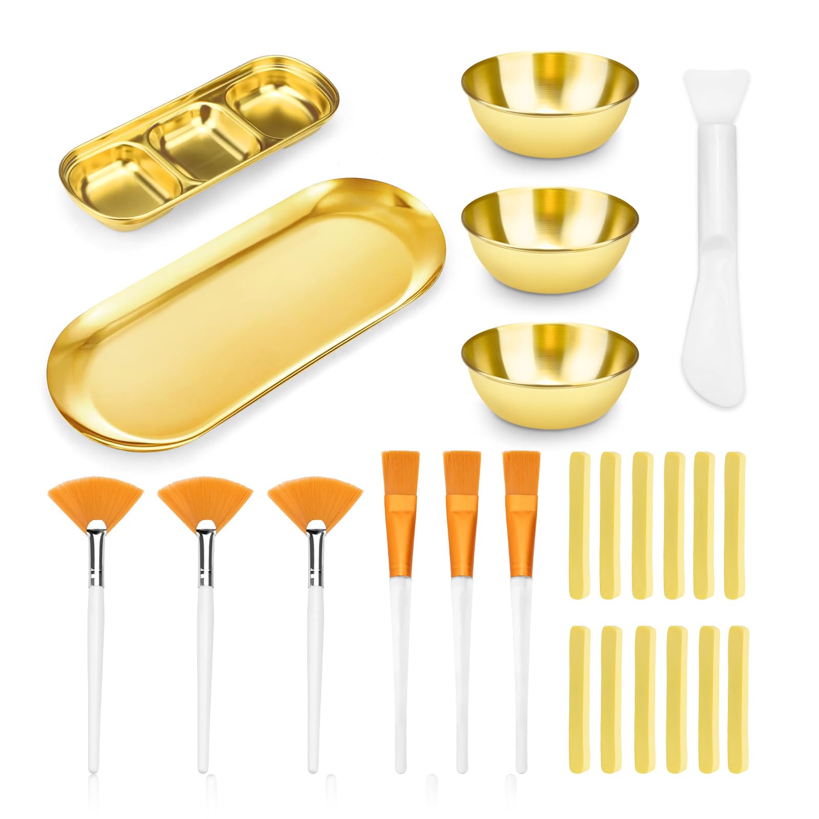 Juego de 24 cuencos y cepillos faciales para suministros de esteticista, cepillo plano y abanico para facial con cuencos para mezclar, bandeja de servir, espátula y esponja comprimida, herramienta