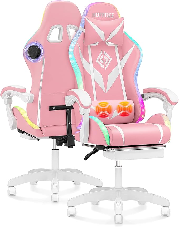 Gaming Chair Pink Massage with Bluetooth Speakers and RGB