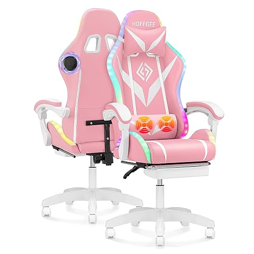 Gaming Chair Pink Massage with Bluetooth Speakers and RGB LED Lights Cute Ergonomic Computer Massage Gaming Chair with Footrest Music Video Game Chair High Back with Lumbar Support Pink and White - Pink+white