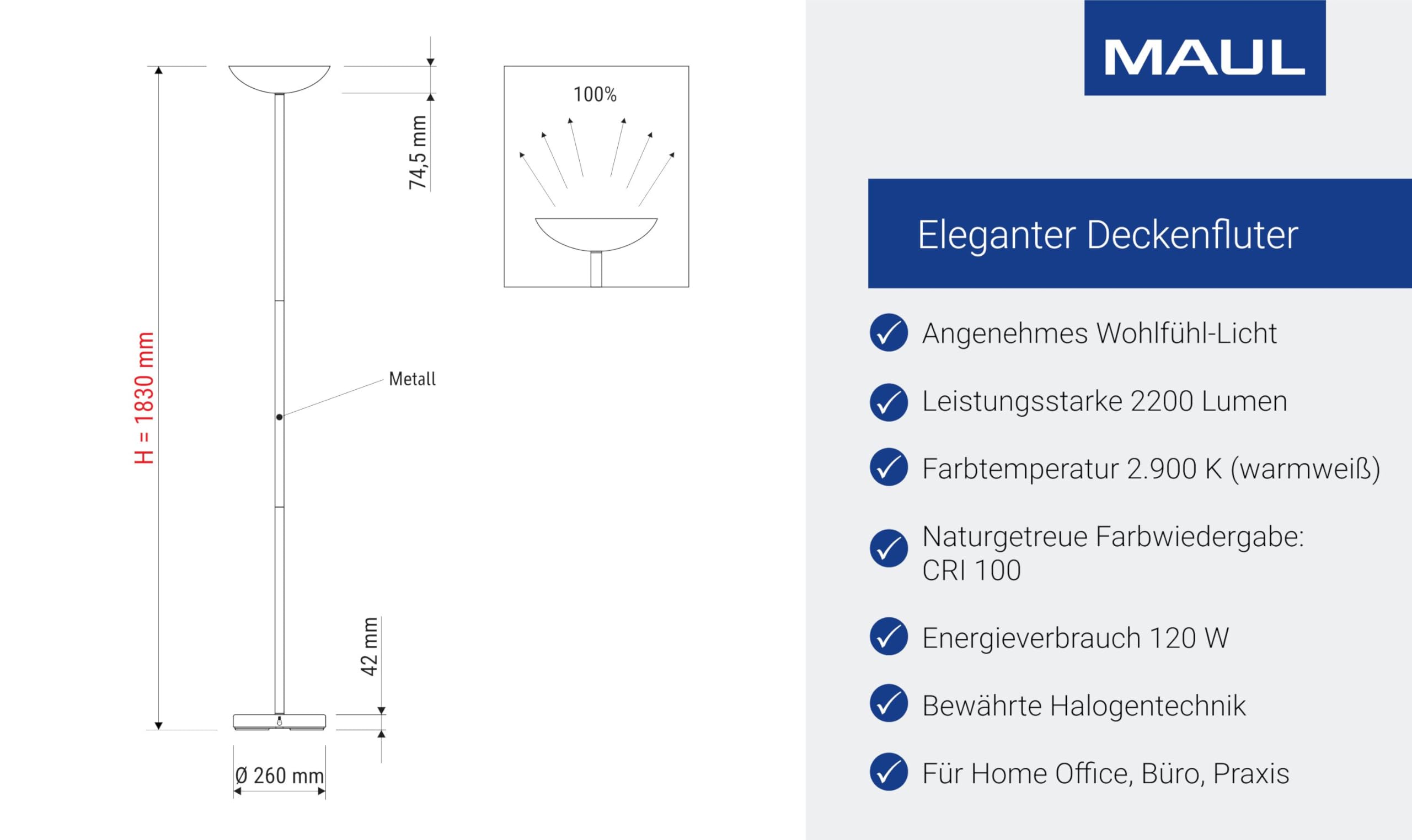 MAUL Stehlampe schwarz MAULsky Halogen dimmbar 183 cm fürs Büro | flexible Helligkeit, warmweißes indirektes Licht, natürliche Farbwiedergabe, austauschbare R7s-Lichtquelle, stabiler Standfuß