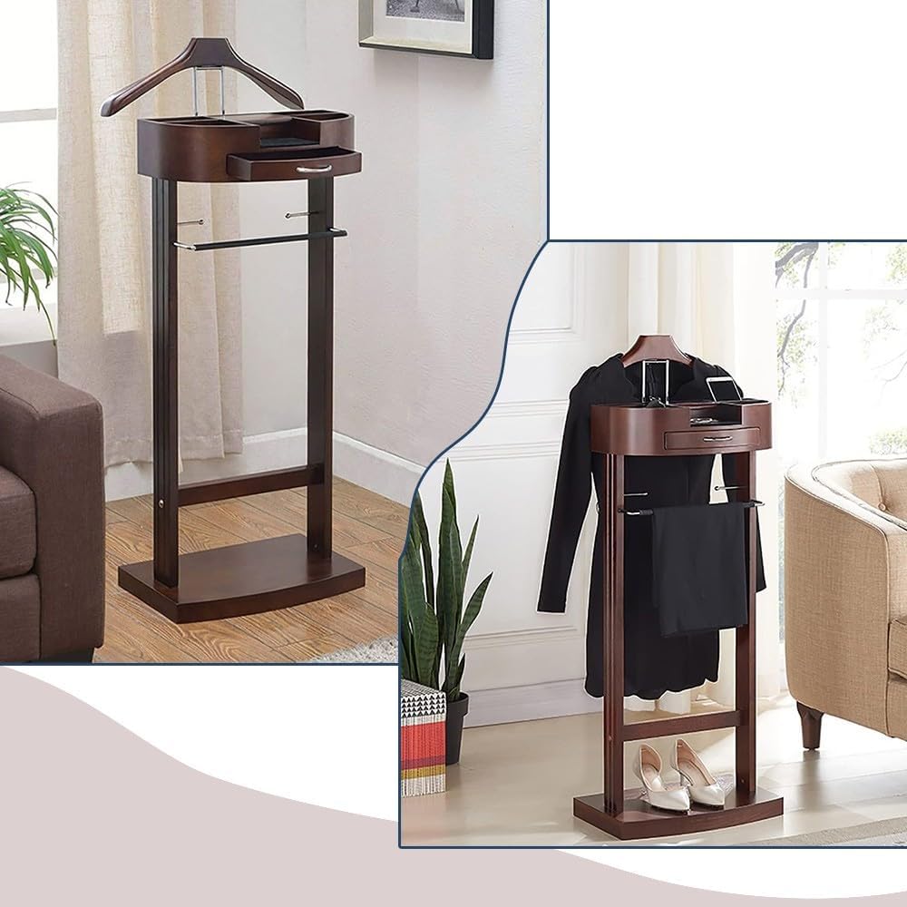Men's Women's Valet Stand en Wood, Clothes Valet Stand with Trouser Pole and Drawer, High Gloss Standing Suit Hanger with Bases, for Bedroom, Dressing Room