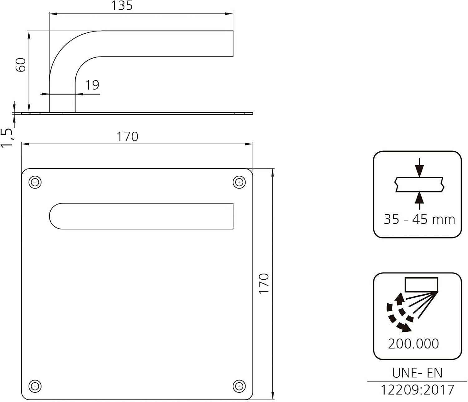 Emuca - Sets of L-Shaped Handles with Plate 17x17 cm for Interior Door, Stainless Steel, Satin Nickel.