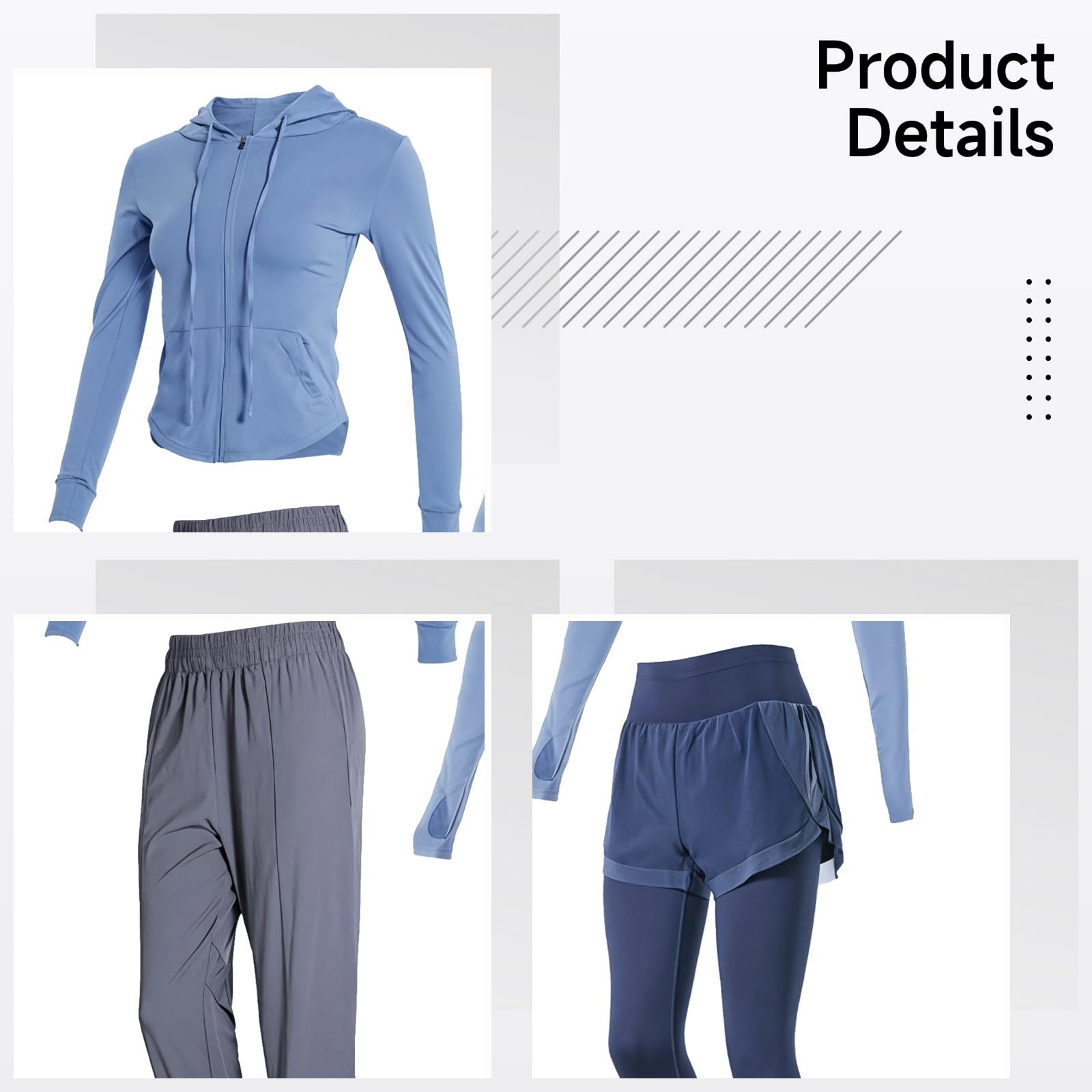 Yoga- & Fitness-Outfit-Set für Damen, atmungsaktiv, 5-teiliges Fitnessstudio-Set mit Jacke, langen Ärmeln und Shorts, dehnbares Nylon-Spandex, verschiedene Größen, Grau und Blau, Einheitsgröße