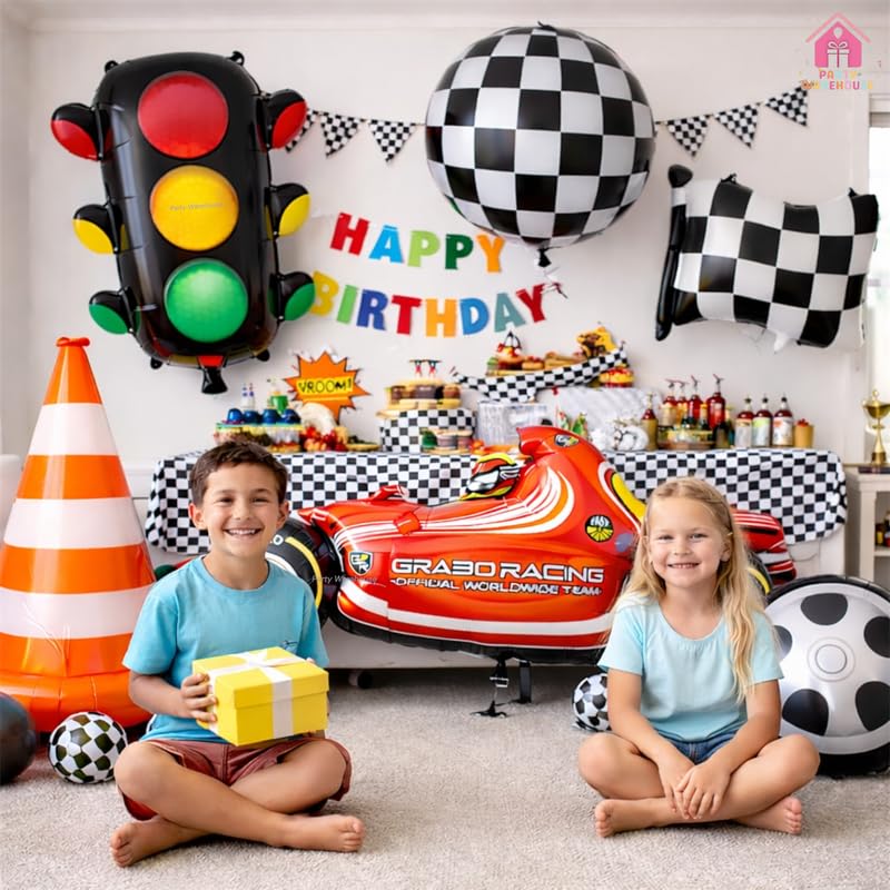 Image of Party Warehouse Racing Theme Foil Balloons Set|Car,Tyre,Traffic Light,Cone & Checkered Flag Balloons for Kids Birthday,Car Party, Formula Race Day & Motorsport Theme- XL Size-6 Pcs