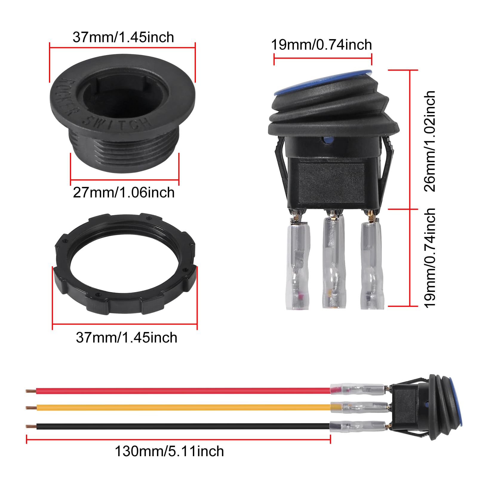 DWEII 5PCS Round Rocker Switch 12V 20A with Shell 12V Blue LED Rocker Toggle Switch Lighted ON Off SPST 3 Pin Rocker Switch 12 Volt Waterproof for Automotive Car Boat