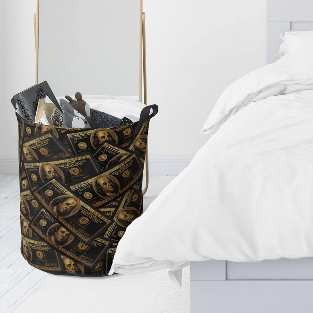 Cool Money Laundry Hamper Basket Black Gold 100 Dollar Bills Large Laundry Basket Waterproof Freestanding Laundry Hamper Collapsible Tall Clothes Hamper with Handles for Mens 19.7"x15.7"