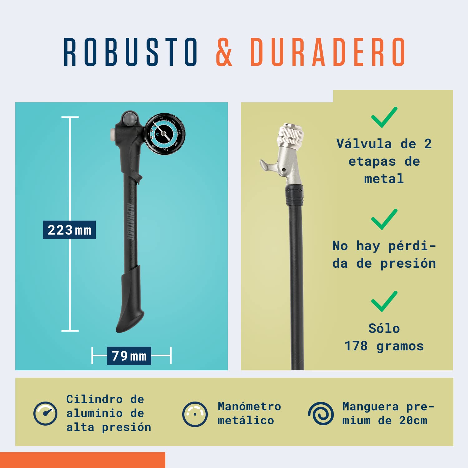 Alphatrail Bomba de Amortiguación Bob - para Todos los amortiguadores de Aire y Horquillas 300 PSI / 20,7 Bar presión I Air Bleeder I Gran manómetro (Ø40mm) I Bomba supsension para RockShox, Fox etc