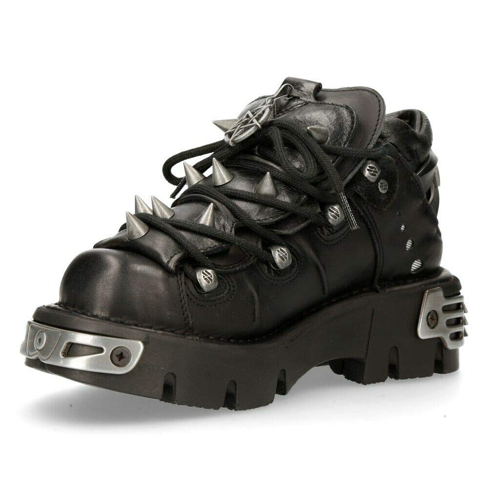 New Rock 110-S1 Women's Black Leather Spiked Ankle Boots: 7 Black