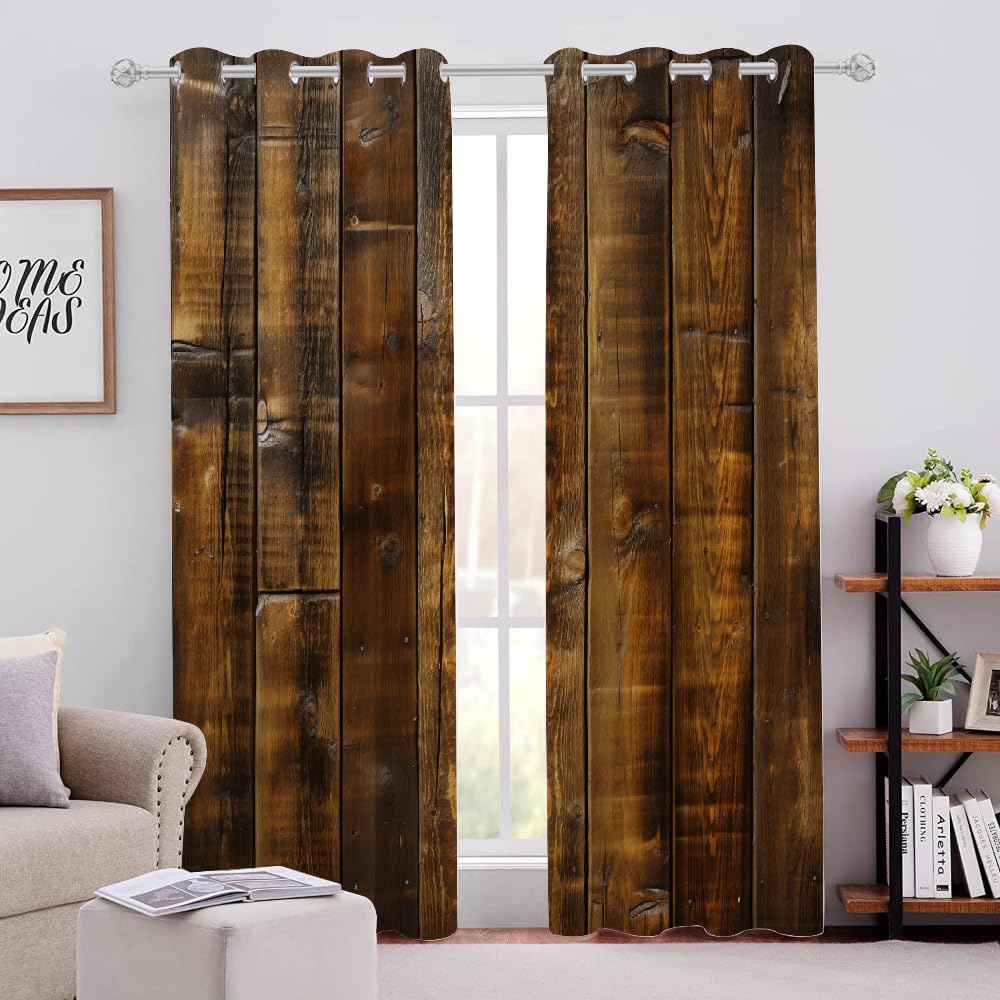 Farmhouse Wood Plank Pattern Blackout Decor Curtains 2 Panels 84"L x 54"W dark Brown Wood Plank Texture Window Treatment Set Grommet Heat Insulation Noise Reduction Drapes for Living Room/Bedroom
