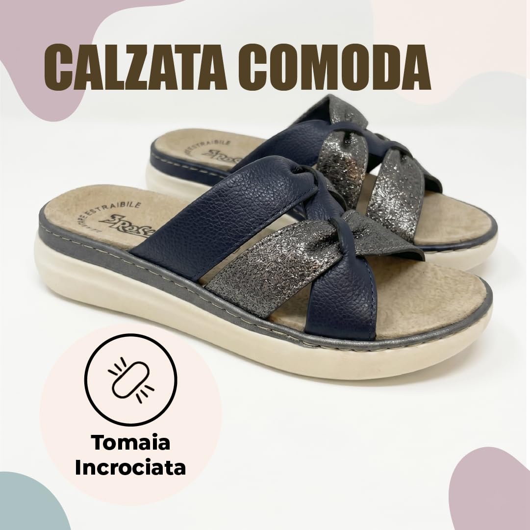 3Rose 400 Ciabatte Donna con Doppia Fascia Effetto Nodo Laminato - Pantofole Casa e Outdoor Estive - Eleganti da Giorno Comfort Anatomico con Zeppa 4,5 cm e Plantare Estraibile in Vera Pelle