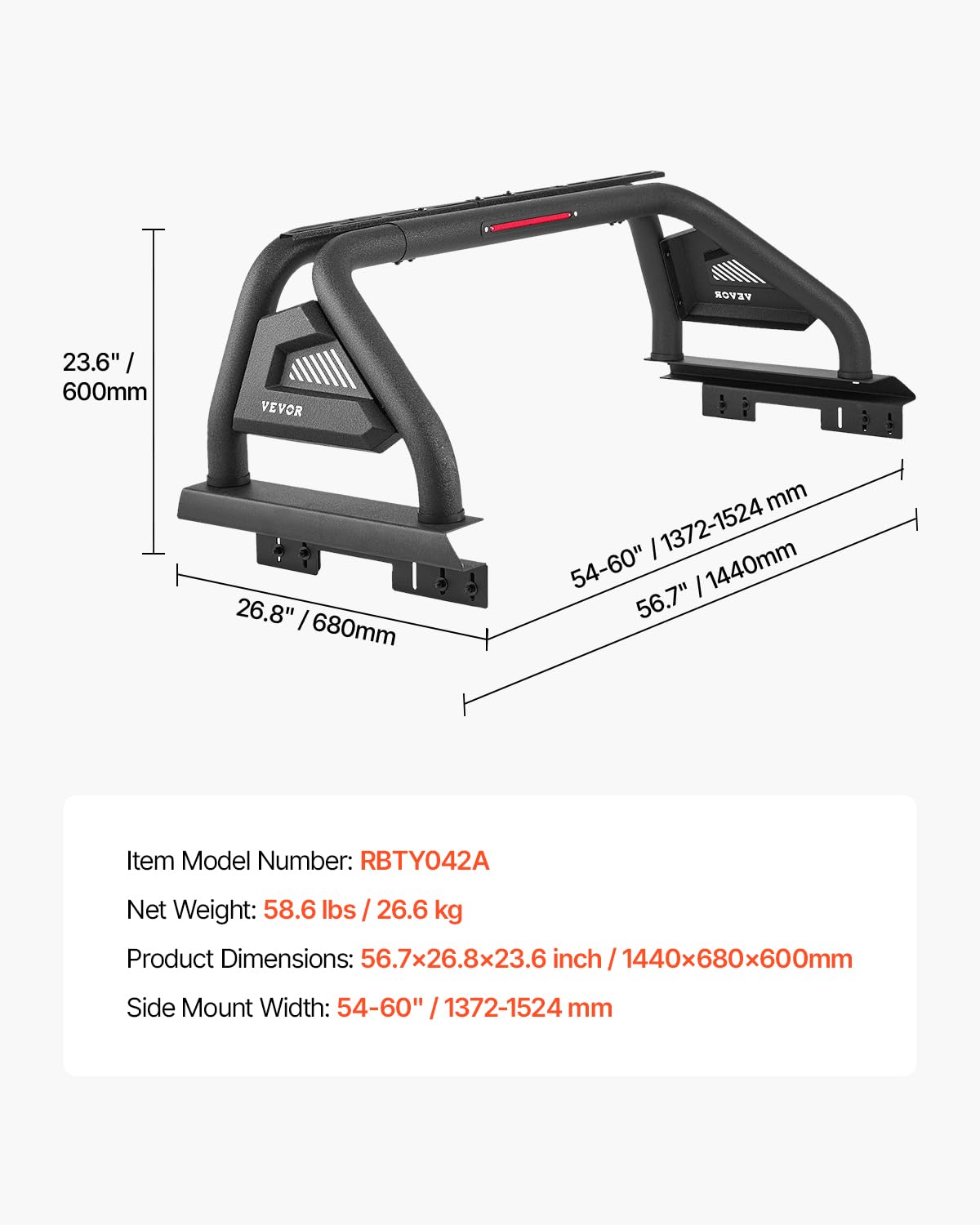 VEVOR Barra di Supporto in Acciaio al Carbonio per Cassone di Camion, Universale Regolabile 1372 a 1524 mm, Barra Sportiva con 6 Luci a LED per Camion di Medie Dimensioni, Senza Portapacchi