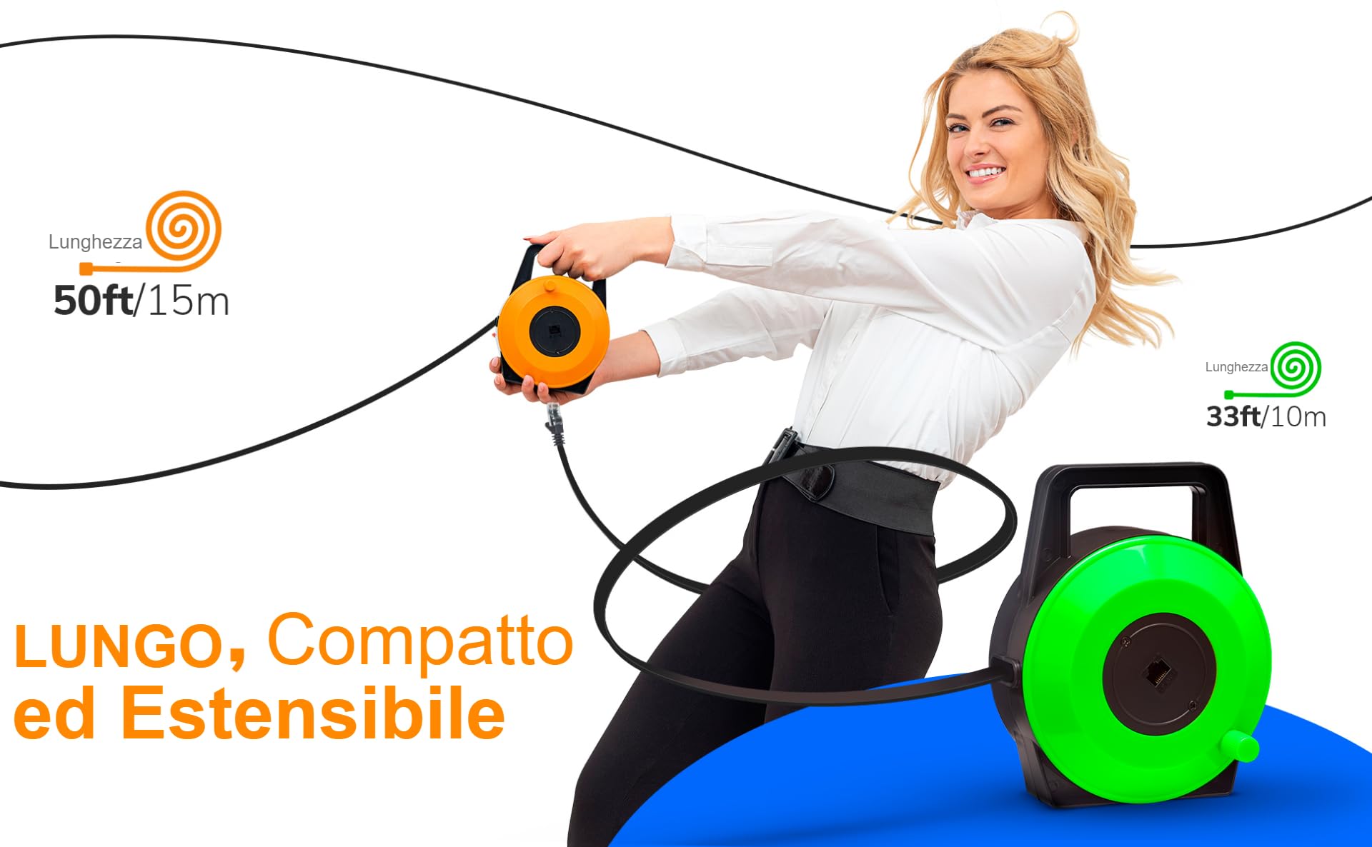 Cavo Ethernet, Cavo Lan, Retrattile, Cat6 Piatto, 1 Gbps, 15m | Rj45, Estensione Internet Portatile, Connettore Maschio Femmina, Cavo Piatto