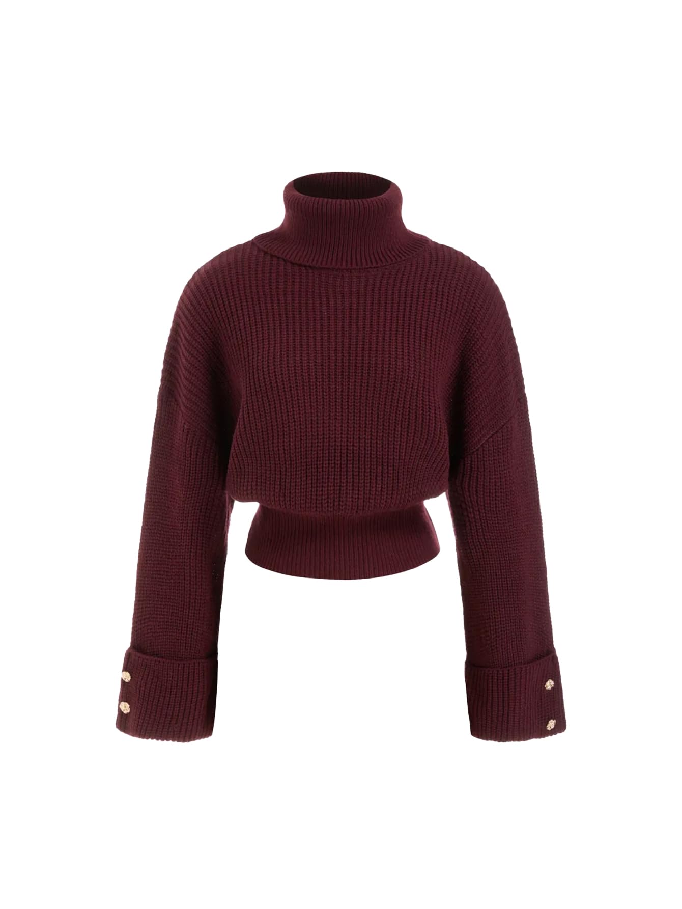 Womens Fashionable Short-Sleeve Turtleneck Knit Pullover Ribbed Knit Construction Long Sleeves with Decorative Button Cuffs