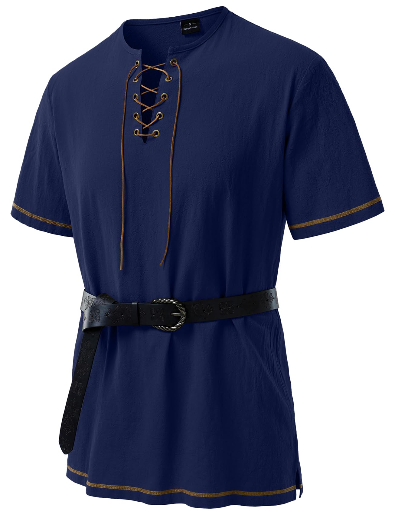 JEMITOP Men's Renaissance Costume Retro Short Sleeves Lace Up Shirts Tunic for Pirate Viking Medieval Halloween Cosplay Without Belt Dark Blue L