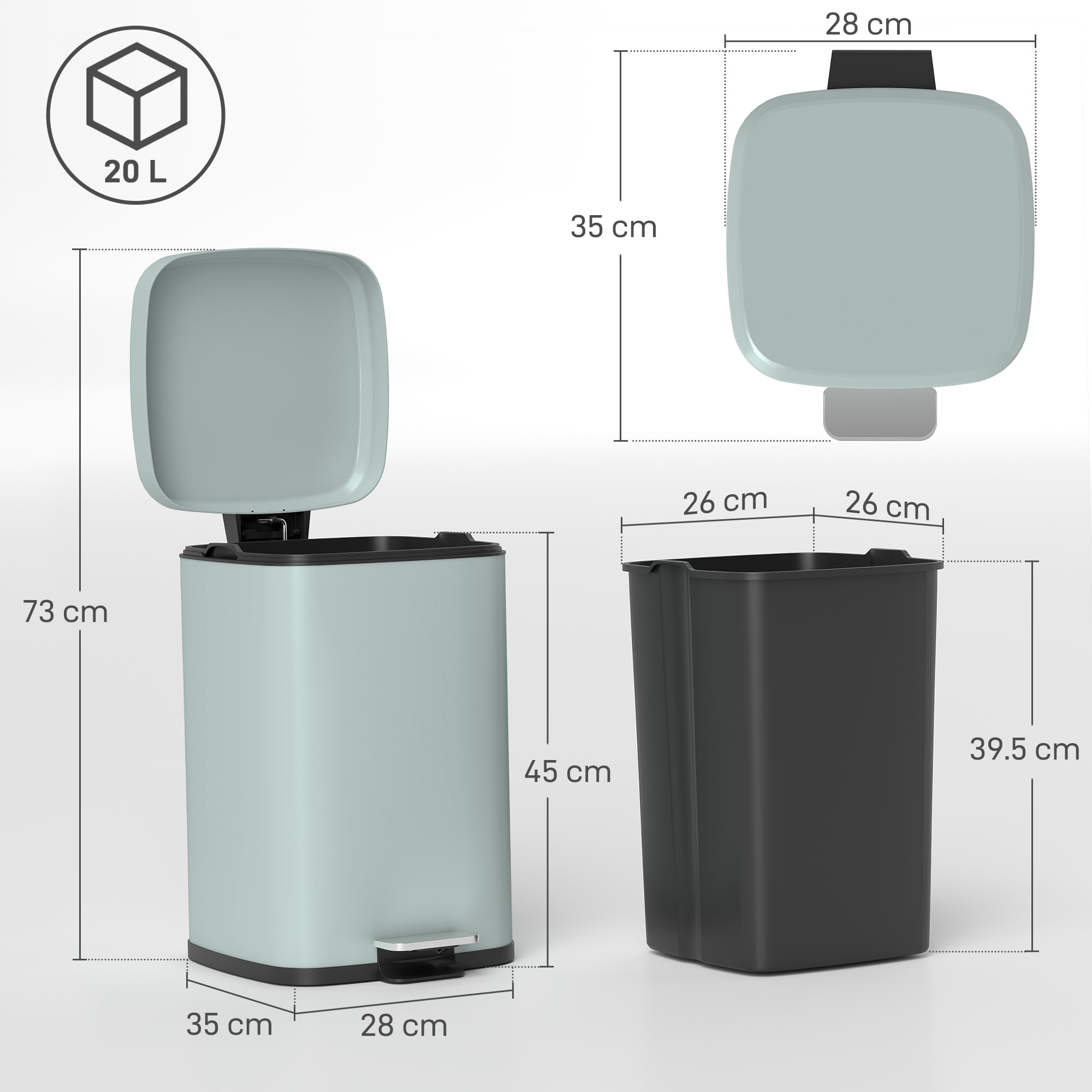 HOMCOM 20L Pedal-Mülleimer Küchen-Mülleimer Soft-Close Hellgrün | Fingerabdruckresistent, Fußpedal, herausnehmbarer Inneneimer, für Recycling und Abfall