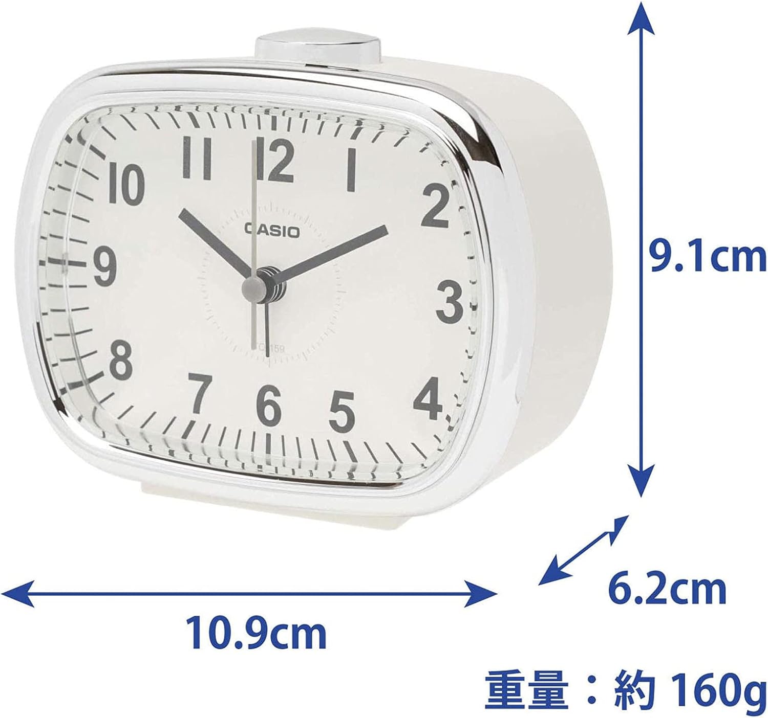 Ġenb view of the CASIO TQ-159-7JF Analog Alarm Clock, highlighting the top-mounted snooze/light button.
