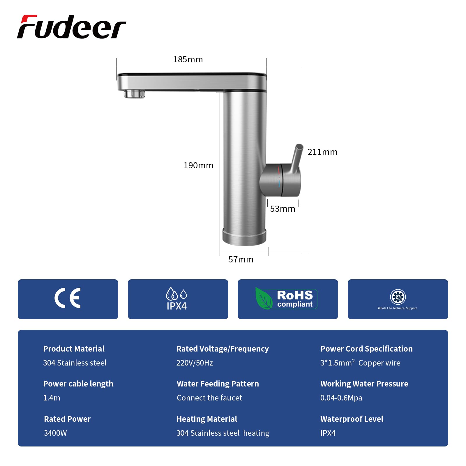 wasserhahn mit durchlauferhitzer 230V, 3.3KW Badezimmer Elektrischer Wasserhahn mit digitaler Anzeige (30-45℃),Schnelles Aufheizen, 120° drehbarer Auslauf, 304 Edelstahl(Silber)