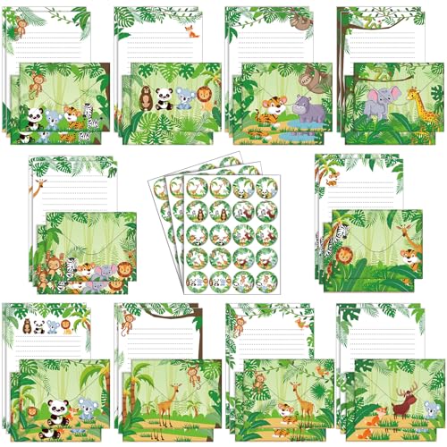 Image of TaoBary 160 Pcs Safari Animal Stationery Paper and Envelopes Set 50 Double Sided Lined Stationery Paper with 50 Matching Envelopes and 60 Round Dot Sticker 5.5 x 8.25'' Letter Writing Kit, 10design