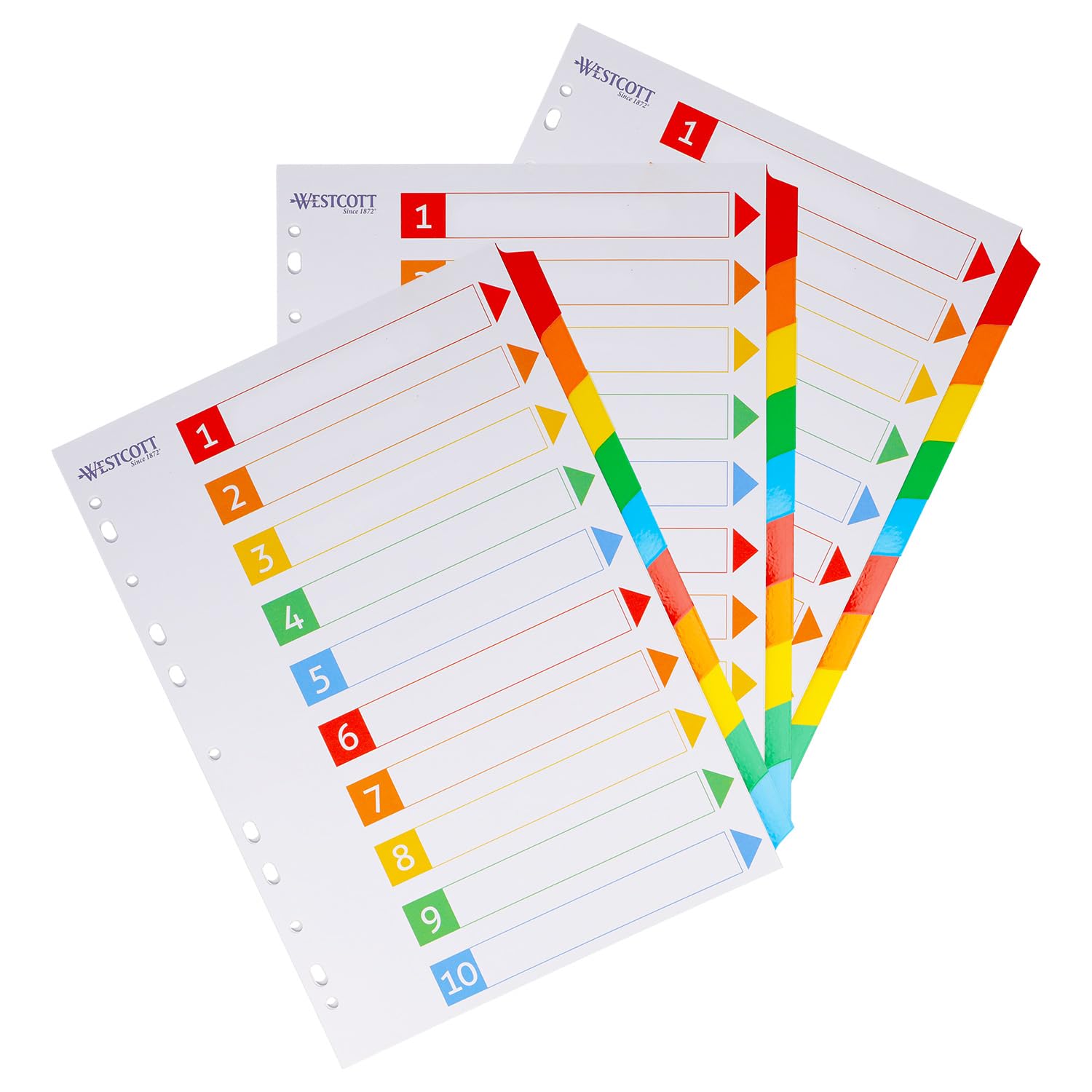 Westcott Register für Ordner A4 (3er-Set) | 3 x Trennblätter für Din A4 Ordner | 10 beschriftbare Tabs in 5 Farben als Ordner Organizer | Robuste 160g/m² mit Eurolochung | E-1733311 00