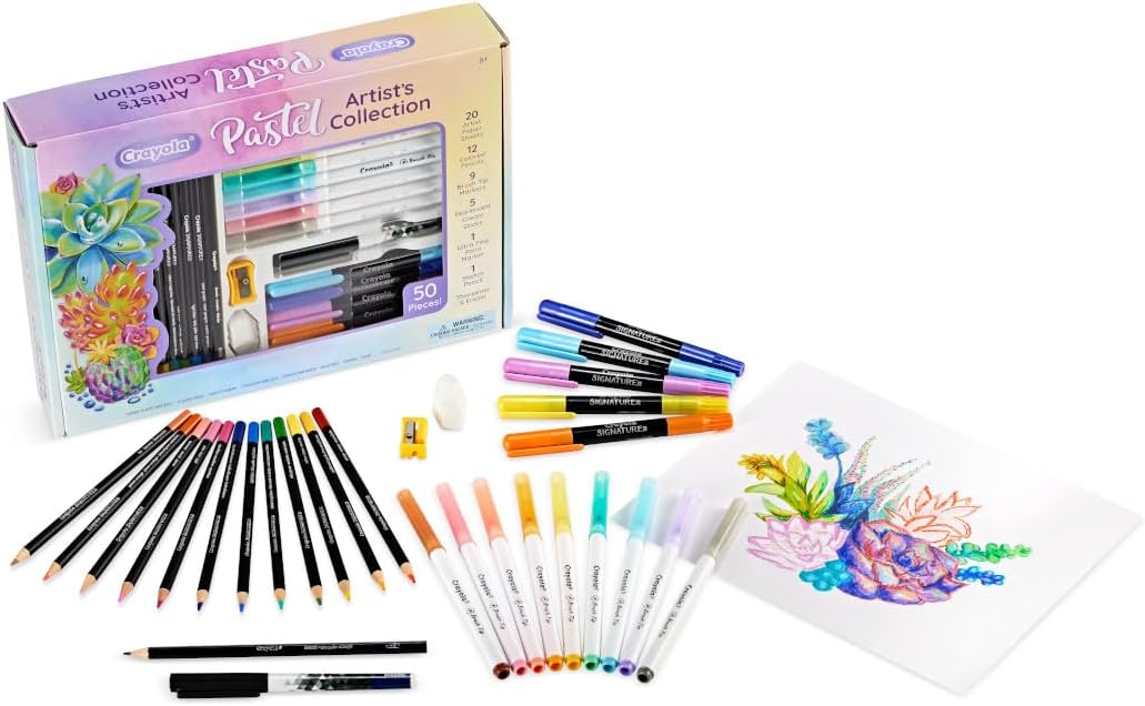 Crayola Pastel Colors Art Kit (50pcs), Kids Art Set with Pastel Markers & Pencils, Gift for Kids, 8+