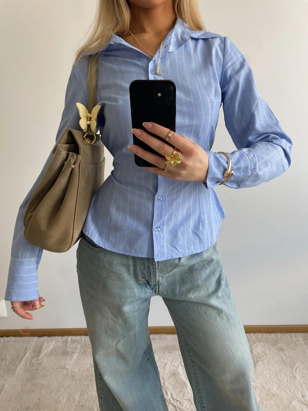 Women Y2K Fitted Button Down Shirt Striped Long Sleeve Coquette Shirt V Neck Vintage Aesthetic Preppy Blouse Top - Image 3