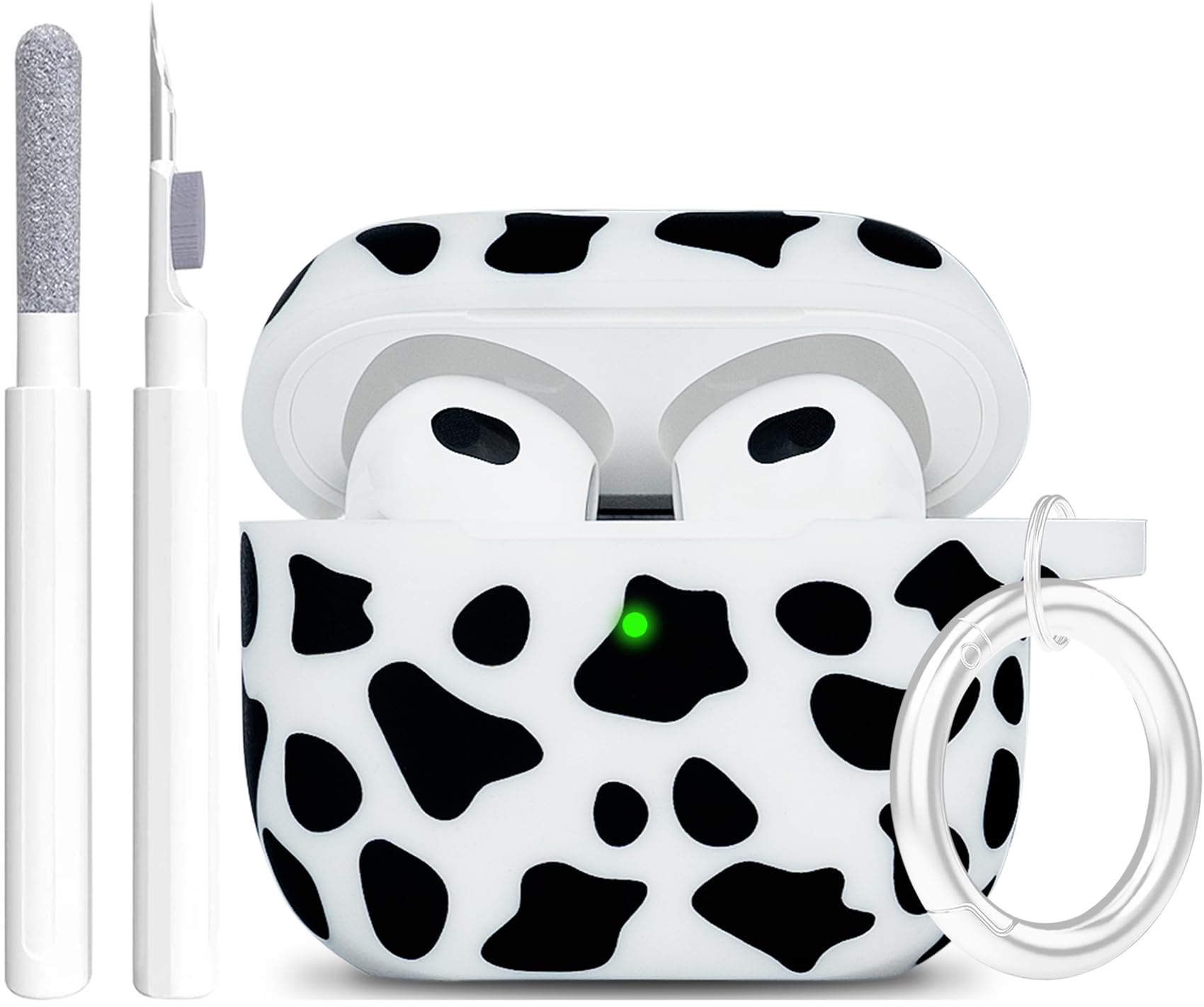 Silicone Cow Airpods 3 Case 2021, YOMPLOW Case Cover for Apple Airpods 3rd Generation Floral Print Soft Flexible Cover for Air Pod 3 Women Girls, Skin with Keychain - Black Cow