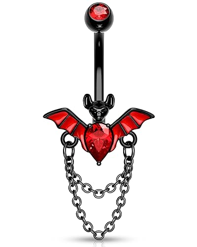 Melighting 14G Fledermaus Bauchnabelpiercing Schmuck, 316L Edelstahl Bauchnabel Ringe, Naumelnde Kette Bauchnabelpiercing Gothic, Halloween Bauchnabelringe, Körperschmuck für Frauen
