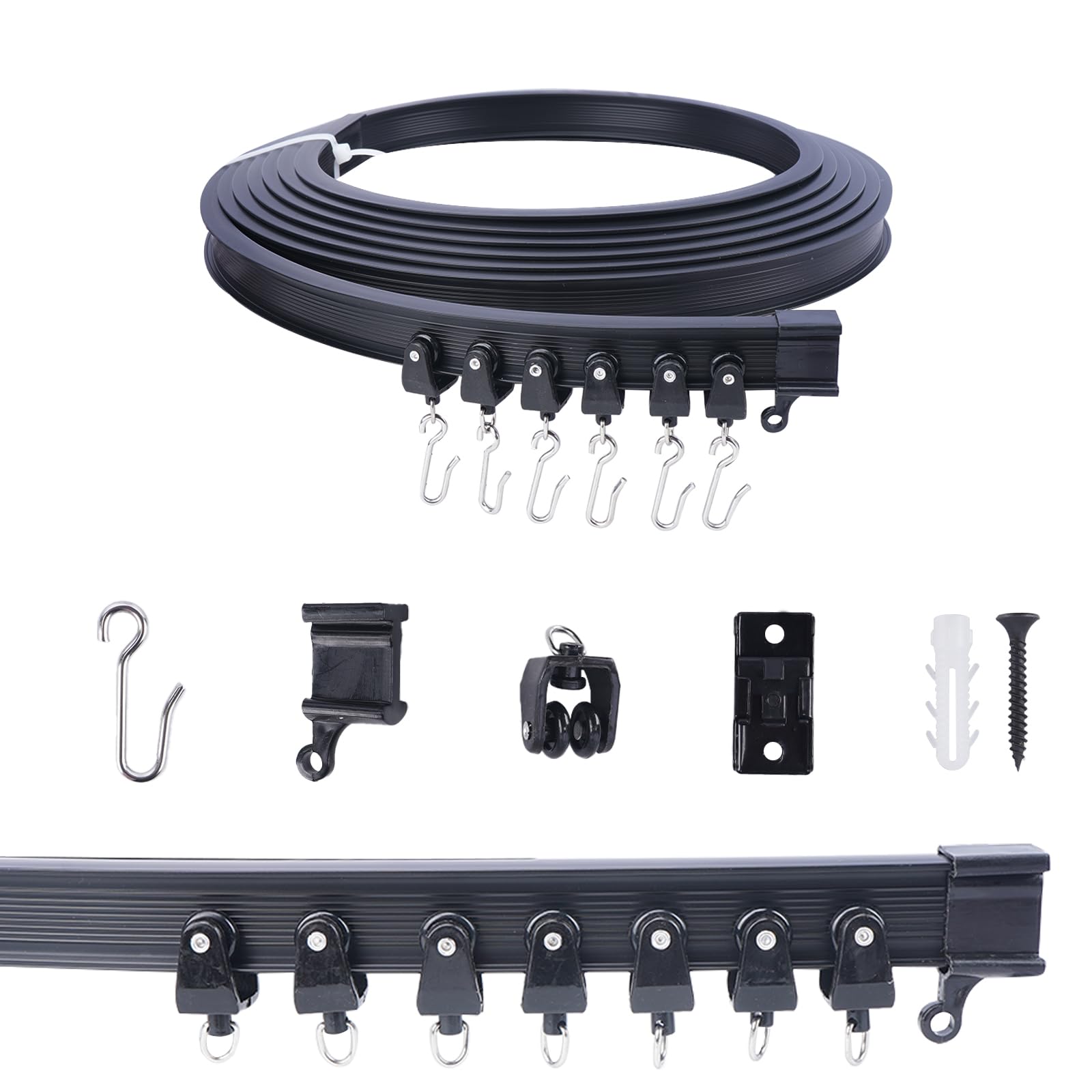 FOGAWA 5m Riel de cortina con 40 ganchos en S, rieles para cortinas de techo, riel cortina flexible plegable, sistemas de cortina riel techo para cortinas, ducha, separadores de ambientes, negro