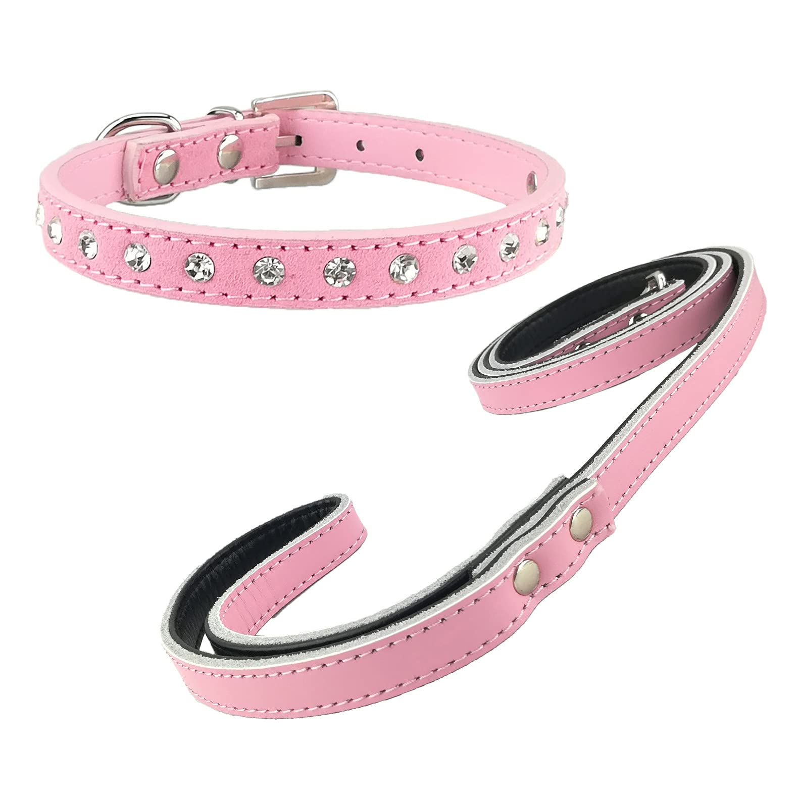 Moda Collar de Perro y Juego de Cables Suave Cuero Lindo Collar de Perro Bling con Diamante y Correa para Perros pequeños
