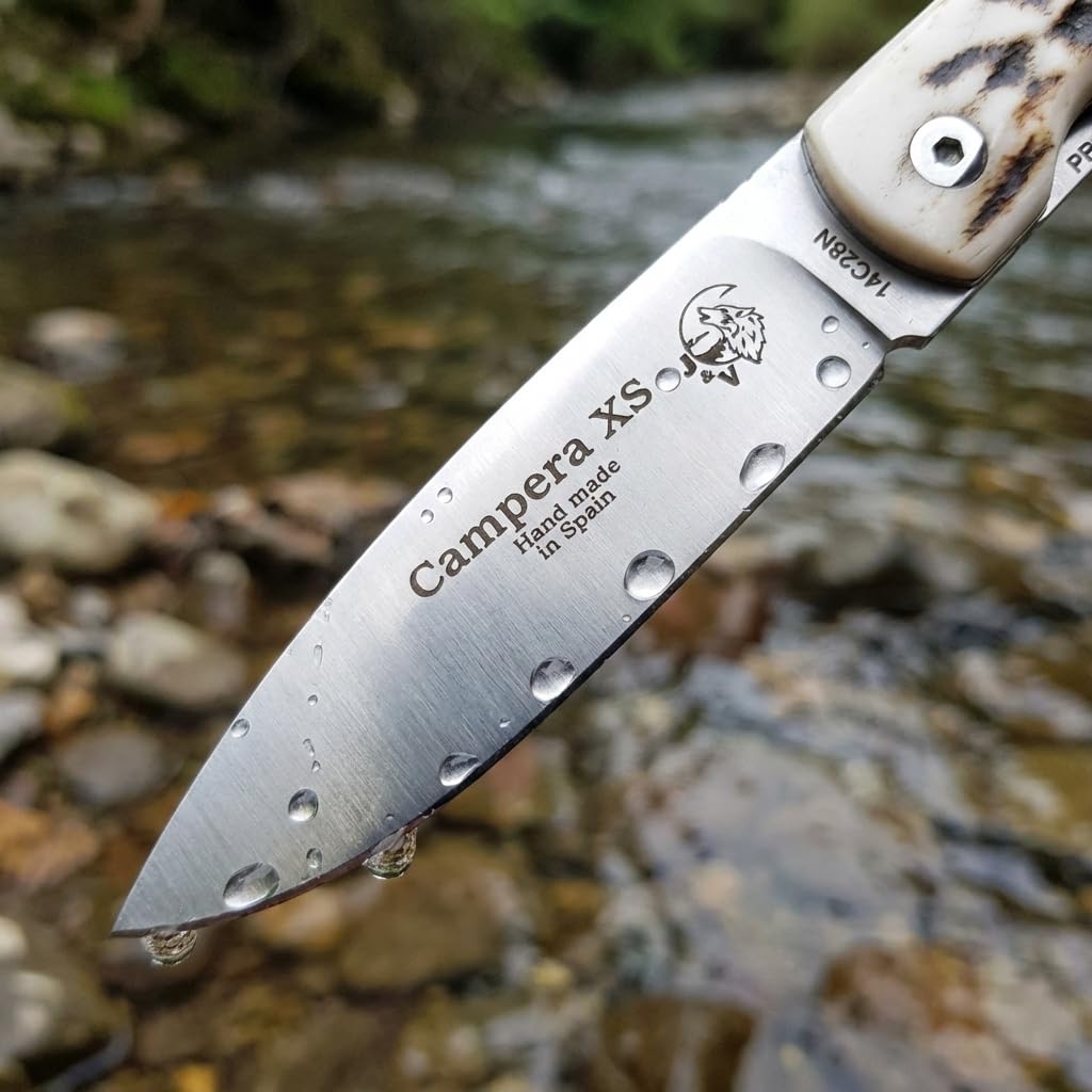 J&V Taschenmesser CAMPERA XS mit schwarzem Stoffetui - Wander-Klappmesser mit 7 cm 14C28N Stahl-Klinge und Hirschhorngriff - DAS Wander Messer - Perfekt für Sportaktivitäten - Camping - Angeln