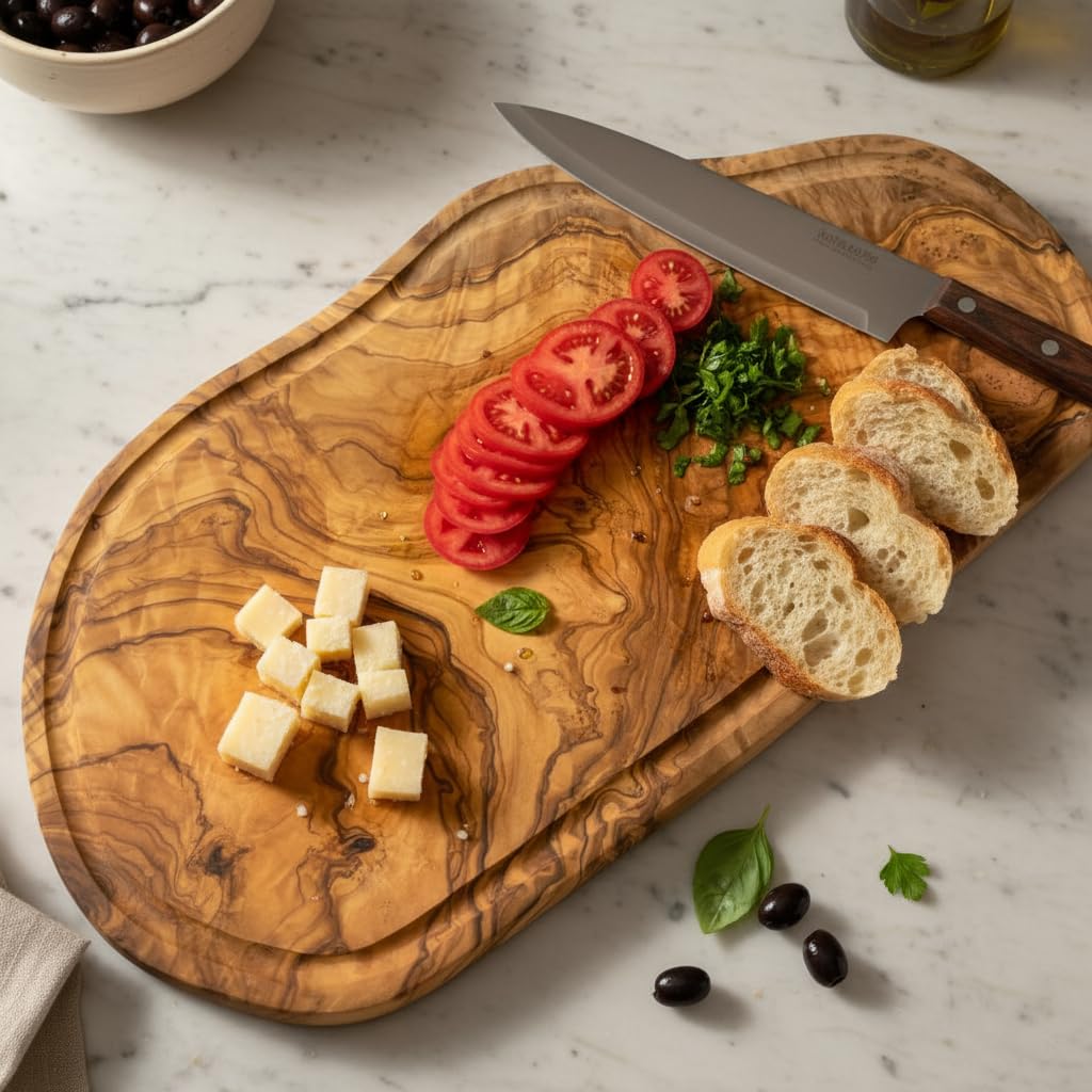 Schneidebrett aus 100% Olivenholz - massives Olivenholzbrett antibakteriell - Steakbrett Holz mit Saftrille - alternative zu Schneidebrett Kunststoff (40-44cm)