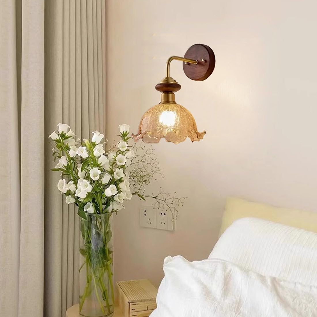 Lampada da parete moderna a forma di fiore in vetro con base in legno massello, stile retrò, applique industriali per interni, ideale per camere da letto, comodini, soggiorni, verande, ingressi e sal