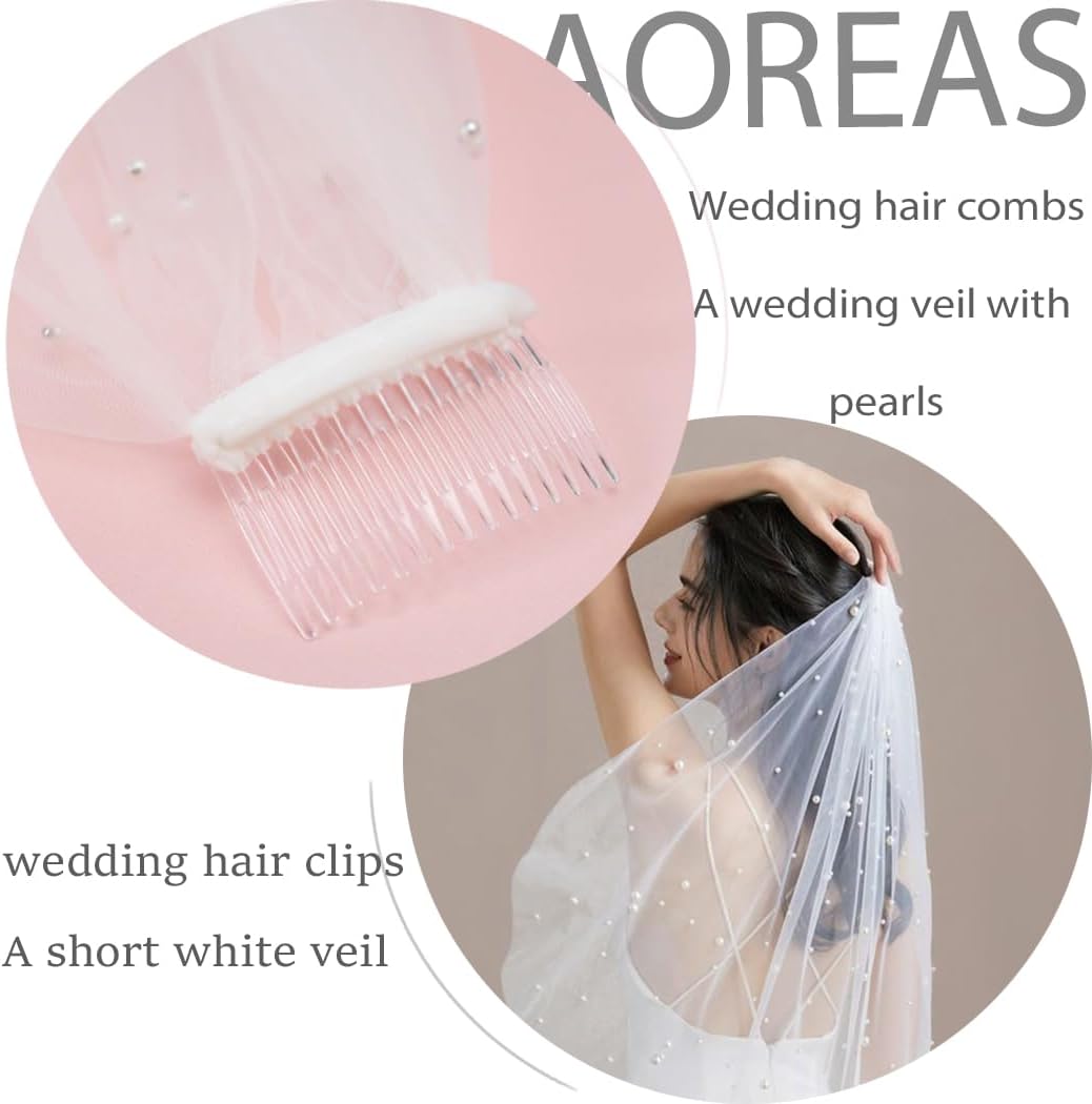 White Short Wedding Veil Pearl Rhinestone Bride Veils Bridal Veils Bachelorette Party Veil for Brides and Women