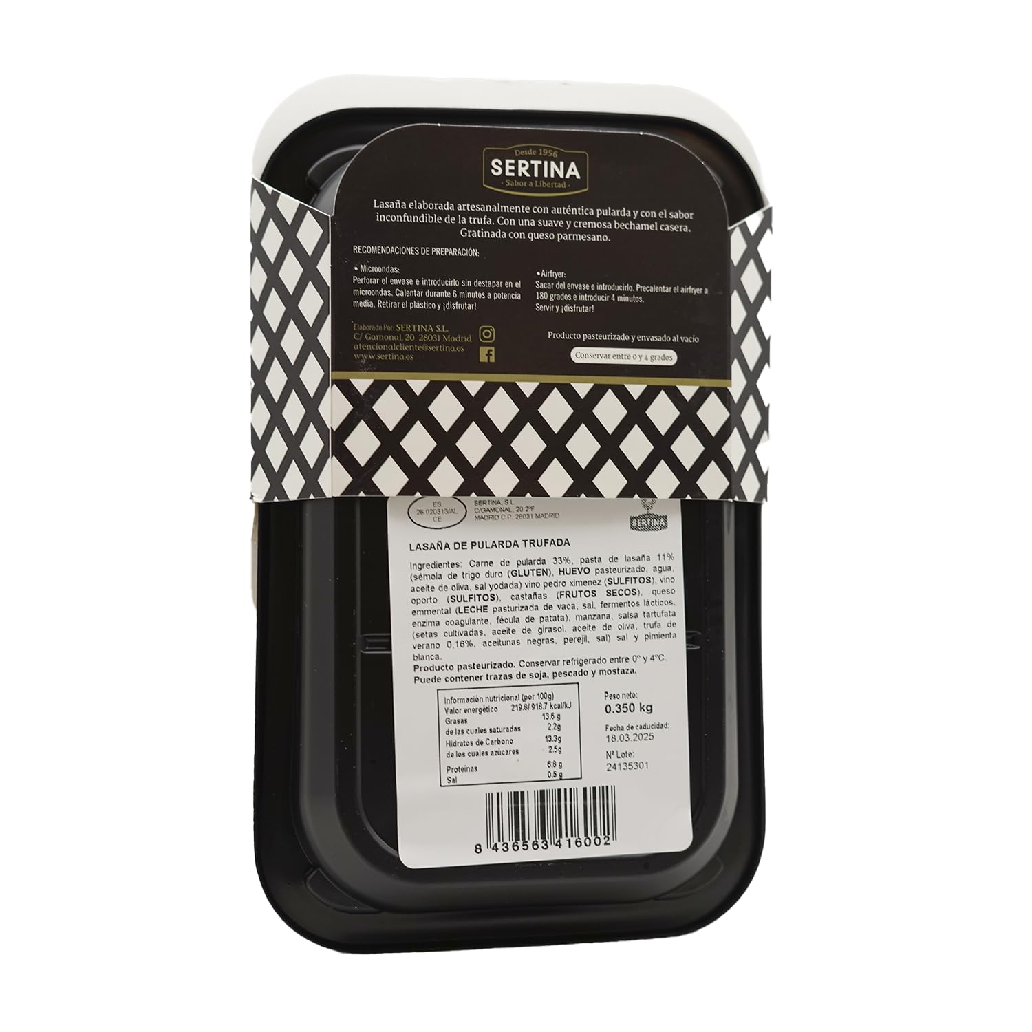 Sertina Lasaña de Pularda Trufada, Pack de 6 x 350 g - Plato Gourmet Listo Para Comer Con Carne de Pularda, Sabor a Trufa, Salsa Bechamel Casera, Totalmente Natural, Sin Conservantes.