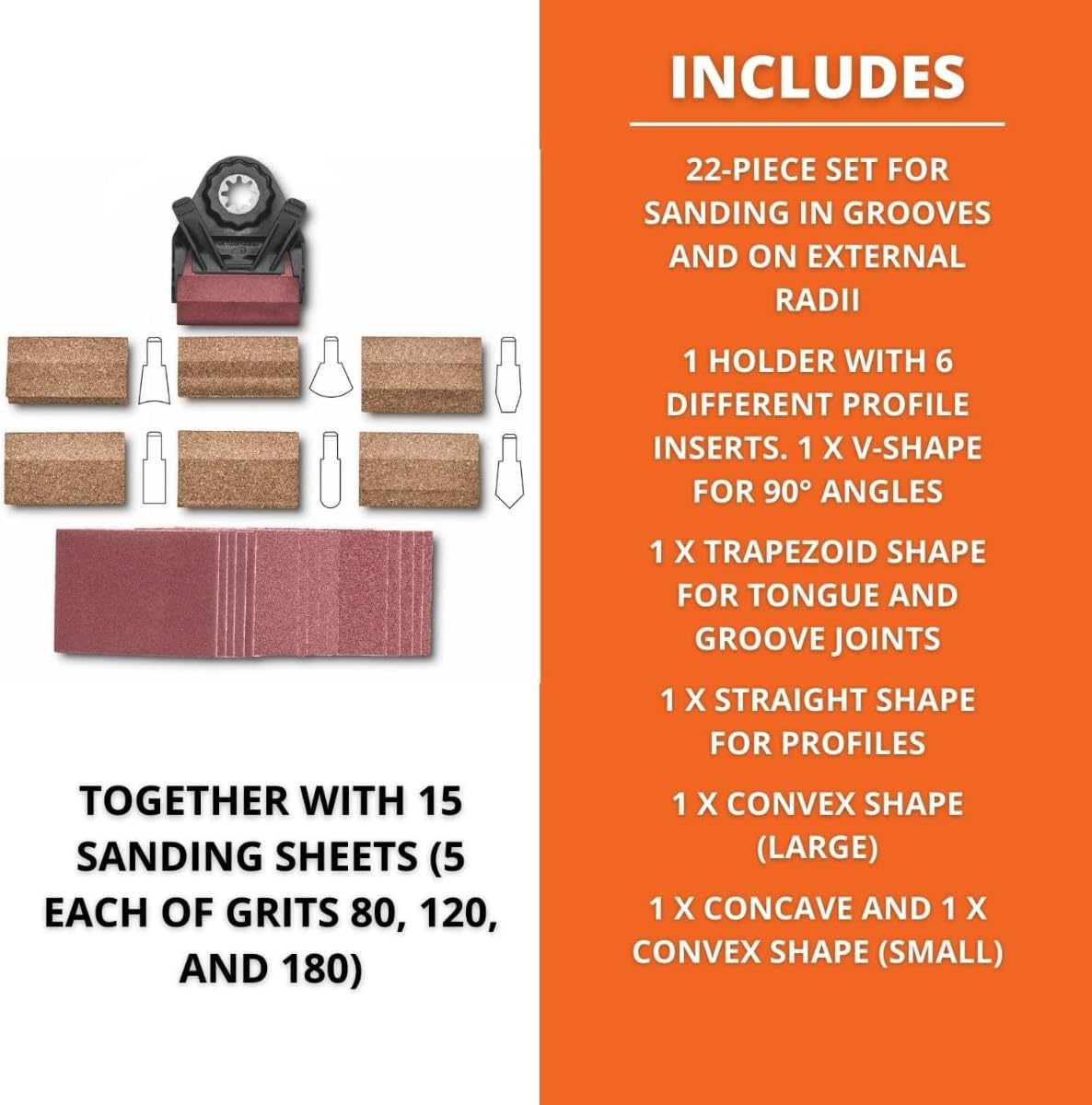Fein Starlock Plus Profile Sanding Set - 22-Piece Kit with Holder, 6 Profile Inserts, and 15 Sanding Sheets (80, 120, 180 Grit) for Detailed Sanding of Grooves, Profiles, and Edges - 63810031010