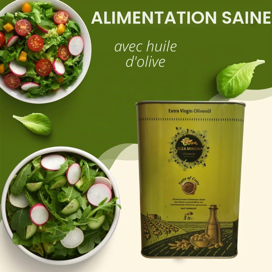 Elea Minon Huile d'olive extra vierge – 0,75 l / 3 l / 5 l – Pressée à froid de Crète, 100 % pure huile d'olive grecque de qualité supérieure, première pression à froid, fruitée douce, bidon en métal