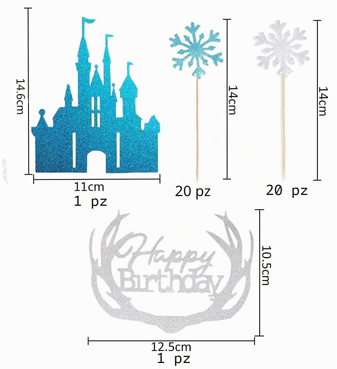 Decorazione per Torta Castello per Ragazze, Decorazione di Compleanno con Glitter Frozen e Fiocco di Neve, Topper per Cupcake Blu Ghiaccio Argento per Bambini, Decorazione per Torta di Natale