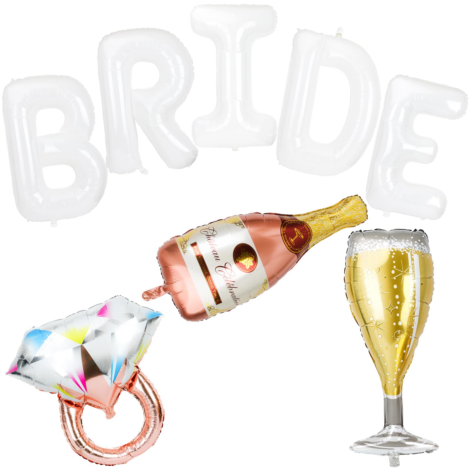 Bride Balloons White Letters Banner 40inch,Bride Bachelorette Party Decorations Kit with Large Ring Bottle Glass Foil Balloons, Bach Party Supplies