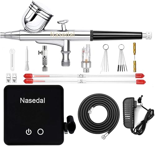 Nasedal Kit de aerógrafo con compresor de aire de parada automática de 0.012 in Pistola de cepillo de aire de doble acción para pintura modelo,