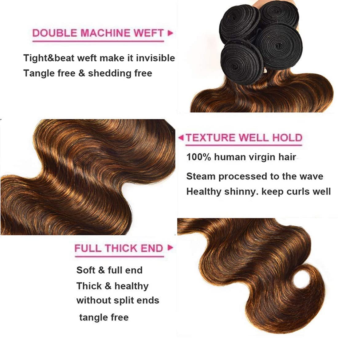 Beauty Forever #FB30 Color Brazilian Body Wave Hair Weave, 12Inch One Bundle Highlight Ombre Color Unprocessed Virgin Remy Human Hair Extension