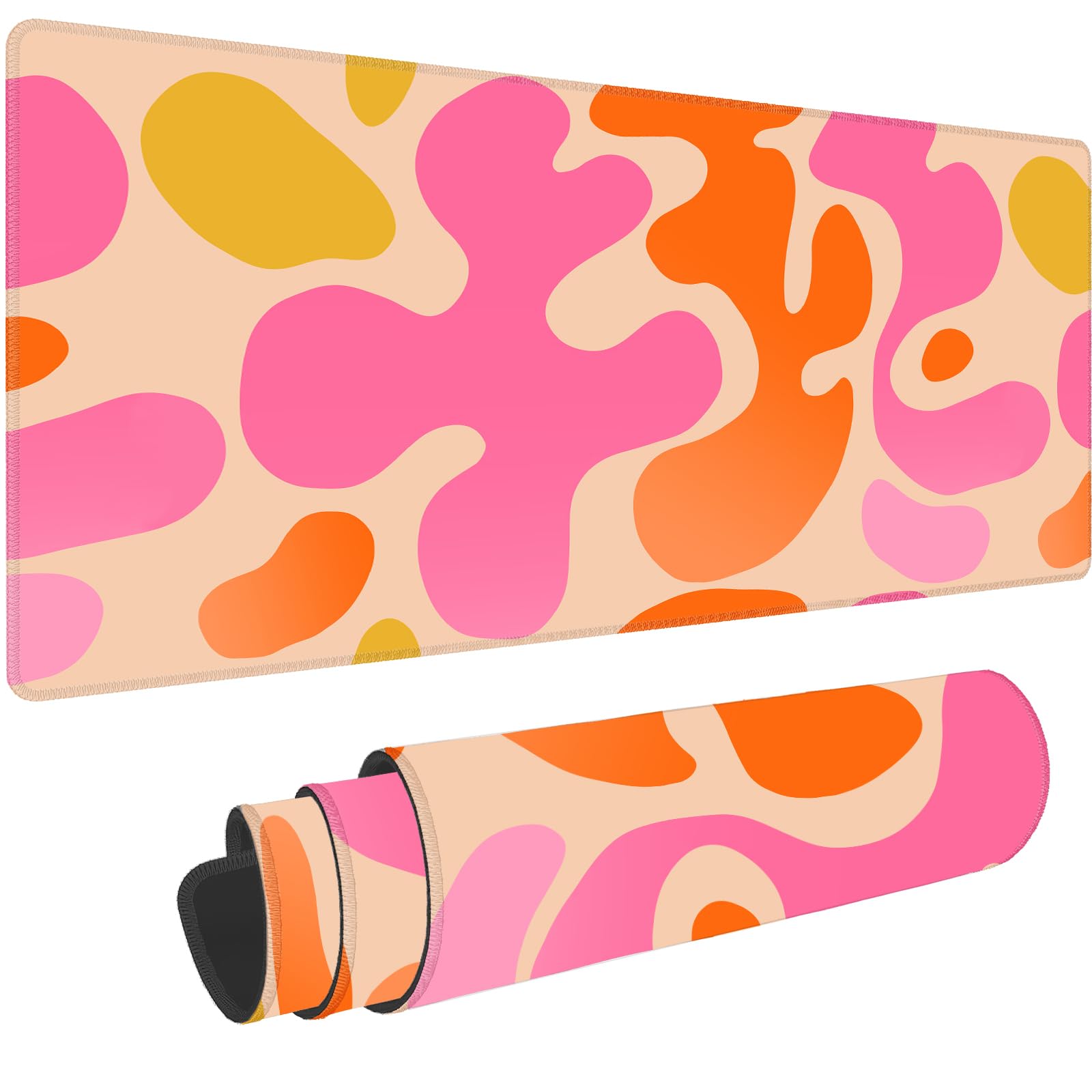 Boho Pink Desk Mat Modern Abstract Cute Large Mouse Pad XL 31.5x11.8in 3mm Non-Slip Rubber Base Extended Kawaii Pink Mousepad Stitched Edges Keyboard Mouse Mat Desk Accessories for Women Office Decor