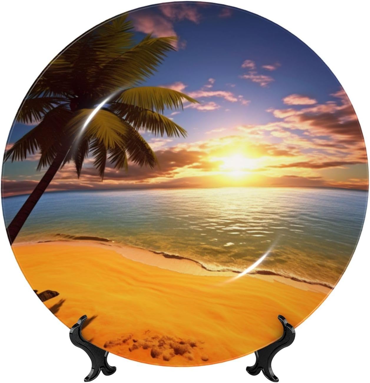 Sunset Palm Ceramic Decorative Plates 7in Personalized Bone China Decorative Plate with Display Stand Ceramic Dinner Plate Ornaments Wall Hanging Decoration for Home Decor