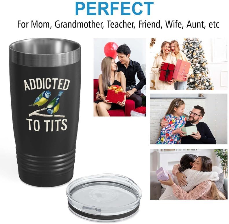 Bird Watcher Tumbler 20oz Black -Addicted To Tits - Feeder Birders Animal Lover Ornitologist Owl Owner Hunter Hummingbird Breeder