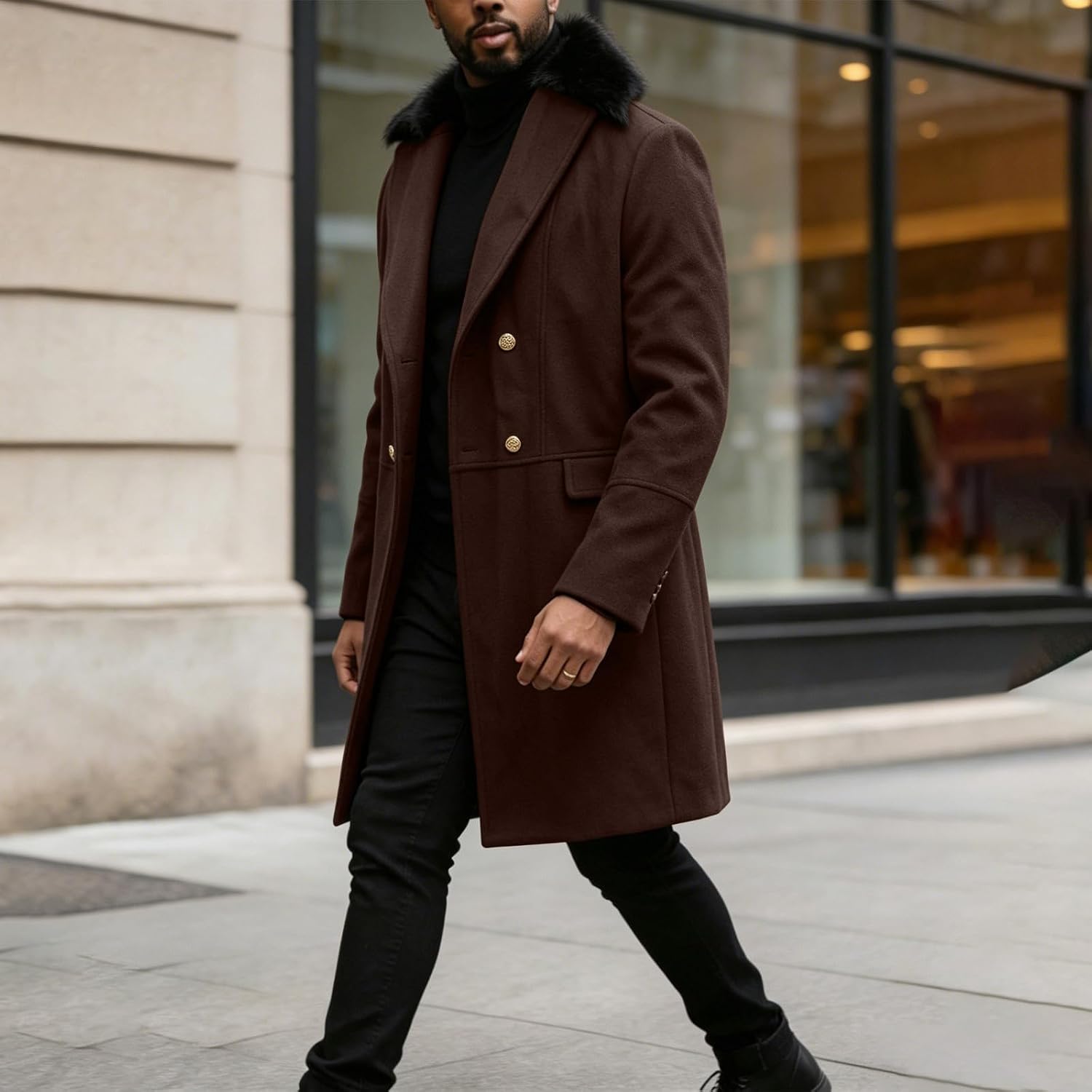 Men Mid‑Long Tweed Overcoat Faux Fur Lapel Button Down Winter Coat